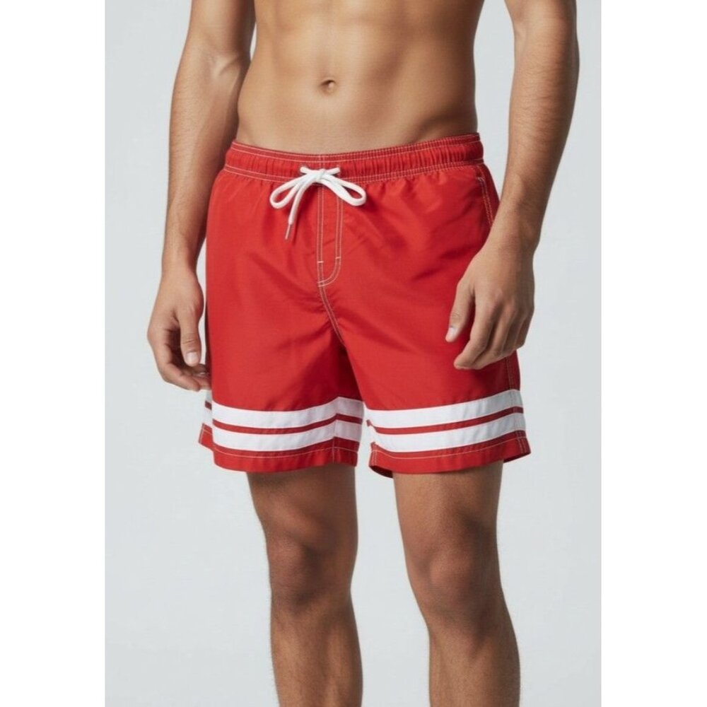 Old Navy Red Swim Shorts With White Stripe Accents Size 8 M Mesh Lining Adjustab